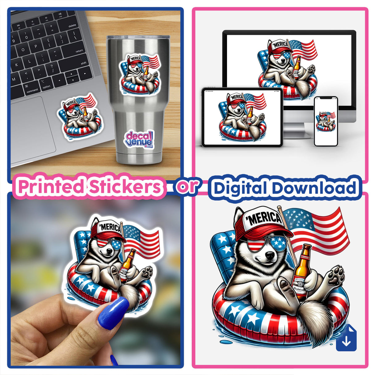 Patriotic Siberian Husky American flag graphic design, available as printed stickers or digital download, featuring an adorable dog character waving the American flag.
