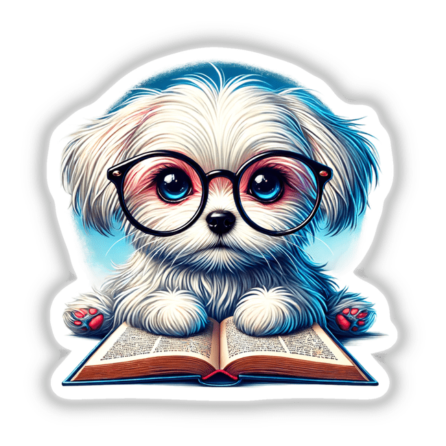 Maltese Dog With Reading Glasses Open Book