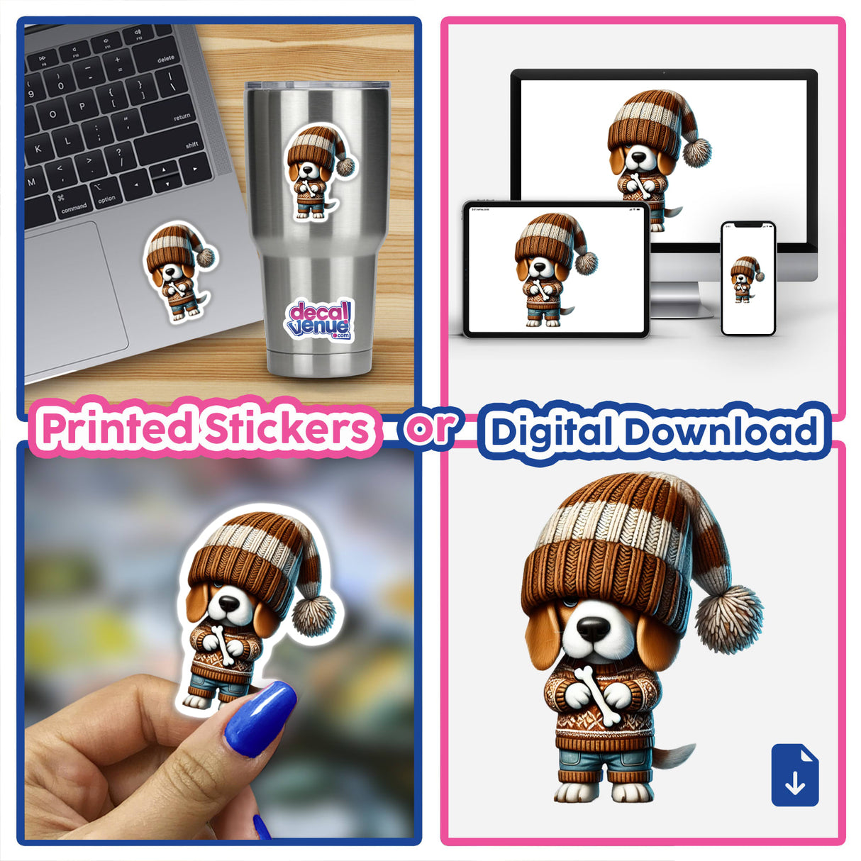 Beagle Gnome Holding Dog Bone sticker or digital artwork featuring a cartoon dog in a knitted hat and sweater.