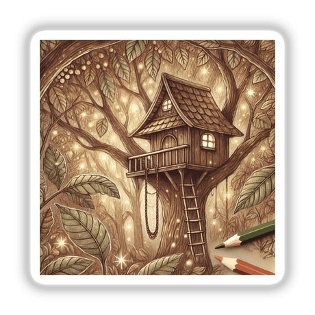 Enchanted Treehouse Hideaway illustration featuring a whimsical treehouse nestled in a tree, available as stickers or digital artwork.