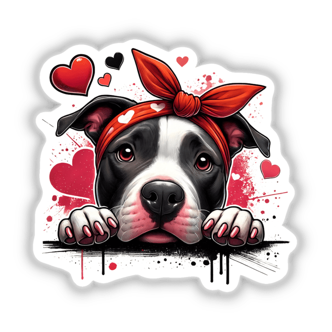 Peeking Pitbull with Heart Head Wrap: Illustration of a pitbull wearing a heart-patterned bandana, available as stickers or digital artwork from Decal Venue.