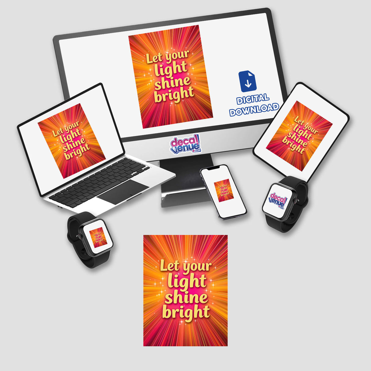 Let your light shine bright artwork featuring a vibrant, digital design displayed on a laptop and monitor, available as stickers or digital prints.