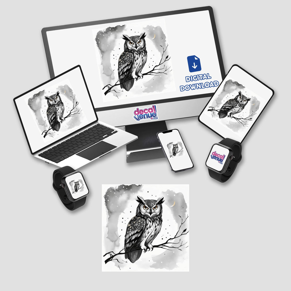 Sumi-e Owl on Branch Under Night Sky Japanese Ink Art, available as stickers or digital artwork, showcases a serene owl perched on a branch beneath a starry night, embodying traditional Japanese ink artistry.