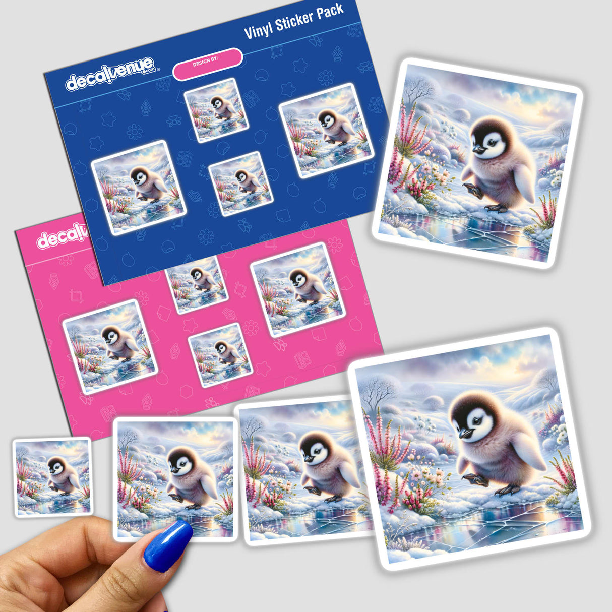 Penguin Chick in a Snowy Landscape Watercolor Illustration sticker pack, featuring detailed penguin images, available as stickers or digital artwork from Decal Venue's unique collection.