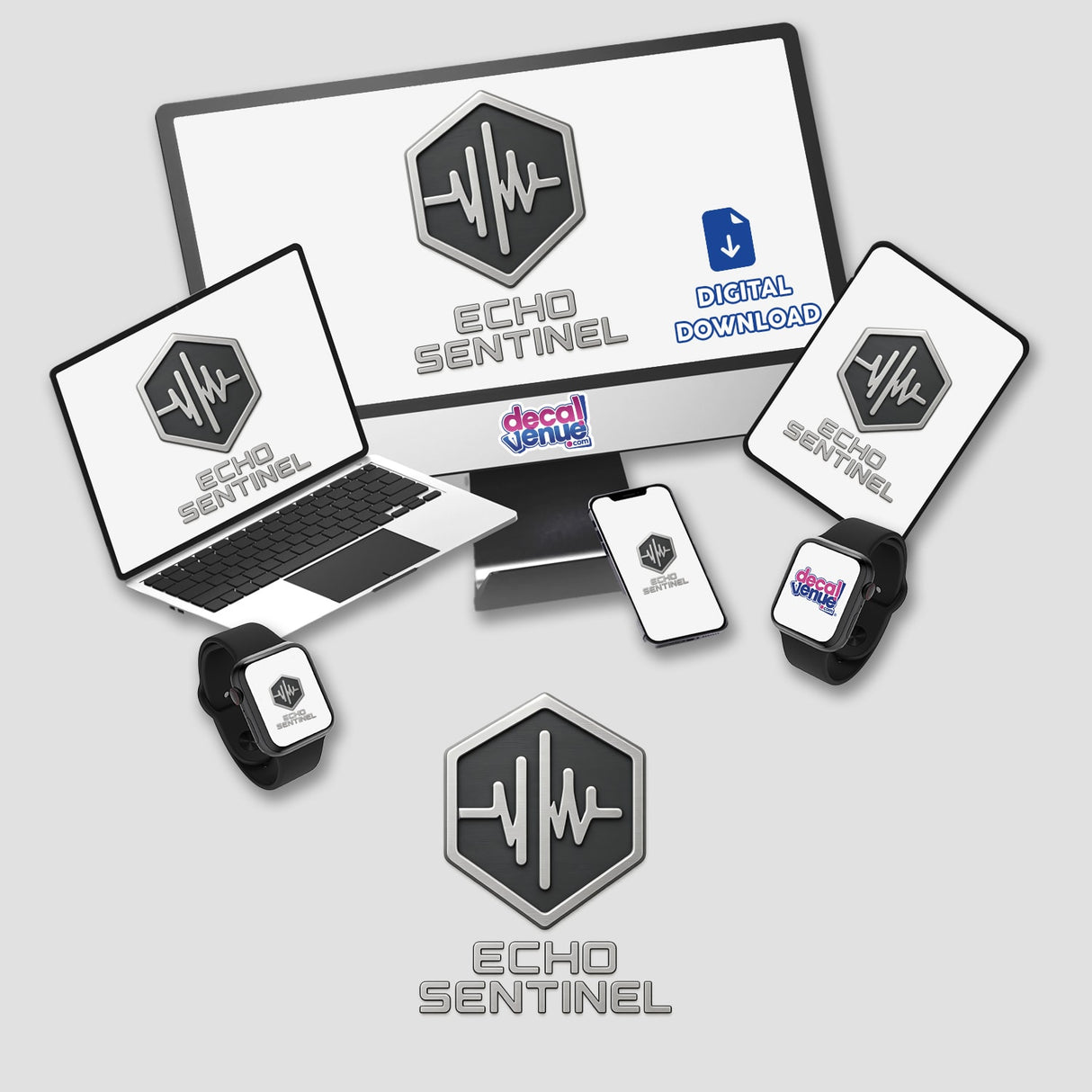 Echo Sentinel – RPG-Style Skill Badge depicting a sleek silver soundwave design, available as stickers or digital artwork from Decal Venue, known for unique vinyl stickers and digital art.