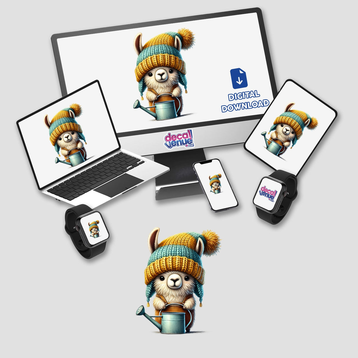 Llama Gnome with Watering Can displayed on a computer monitor and laptop screen, available as stickers or digital artwork from Decal Venue.