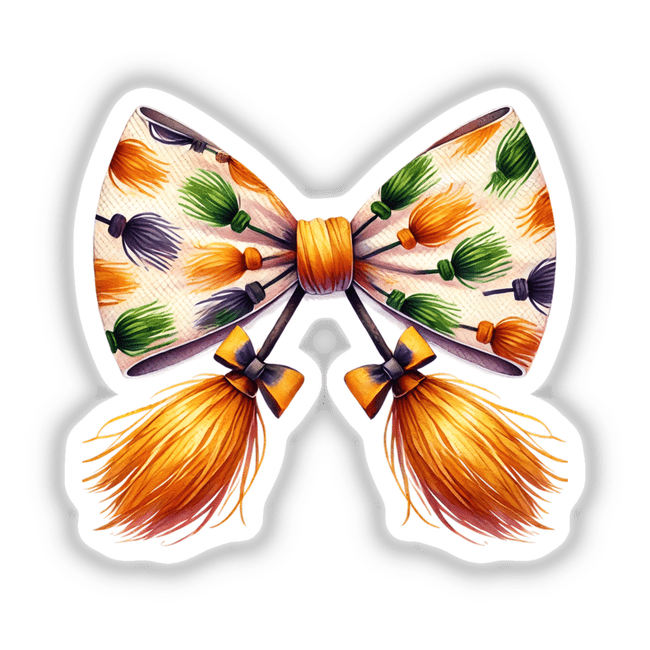 Witch Broom Pattern Coquette Bow featuring a vibrant design with tassels, available as stickers or digital artwork.
