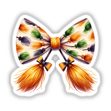 Witch Broom Pattern Coquette Bow featuring a vibrant design with tassels, available as stickers or digital artwork.