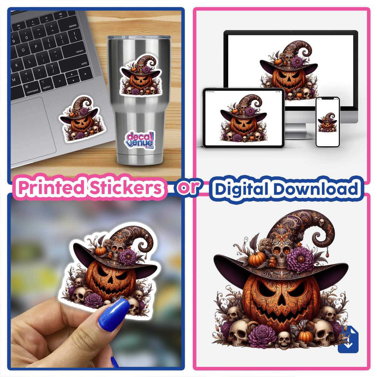 Intricate Witch Pumpkin Mums and Skulls