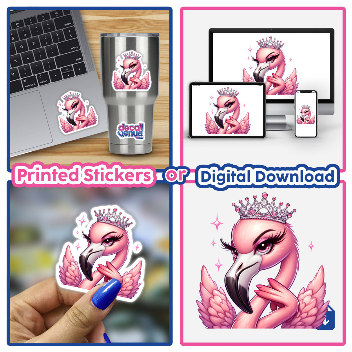 Sassy Princess Flamingo depicted as a whimsical sticker or digital art piece, showcasing a playful flamingo with a crown, perfect for adding charm to your collection from Decal Venue.