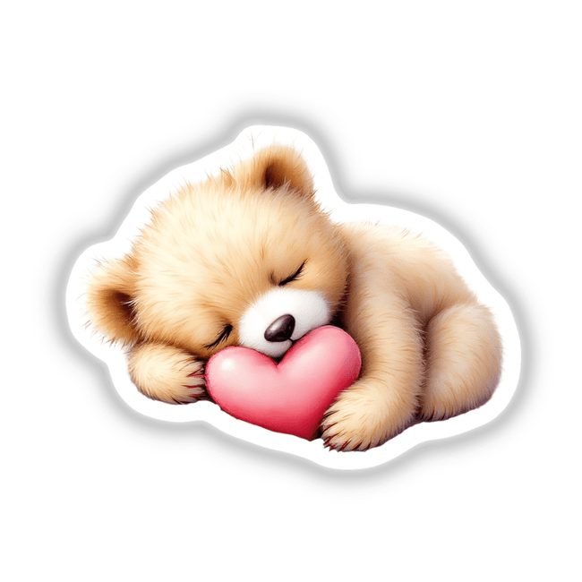 Baby Bear Sleeping on a Heart: A teddy bear cuddles a heart, depicted in charming digital art, perfect as stickers or decor, embodying warmth and whimsy from Decal Venue's unique collection.
