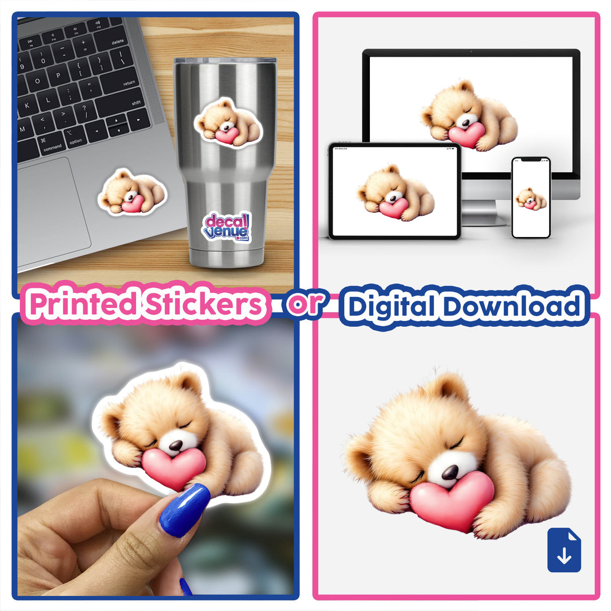 Baby Bear Sleeping on a Heart design featured as both stickers and digital art, showcasing a teddy bear cradled by a heart, ideal for nursery decor.