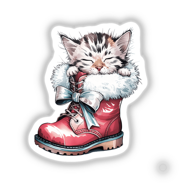 Watercolor Christmas Kitten in Santa Boot, featuring a whimsical cat nestled inside a pink boot. Available as stickers or digital artwork, capturing festive charm for Decal Venue's unique collection.