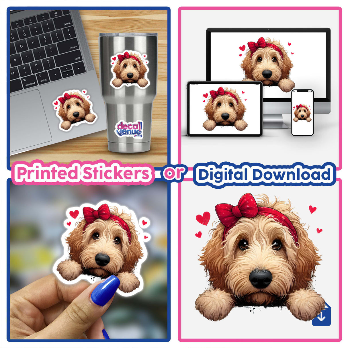 Peeking Goldendoodle Hearts sticker collage features a dog with a bow on its head, shown on a laptop, cup, and hand, available as stickers or digital artwork.