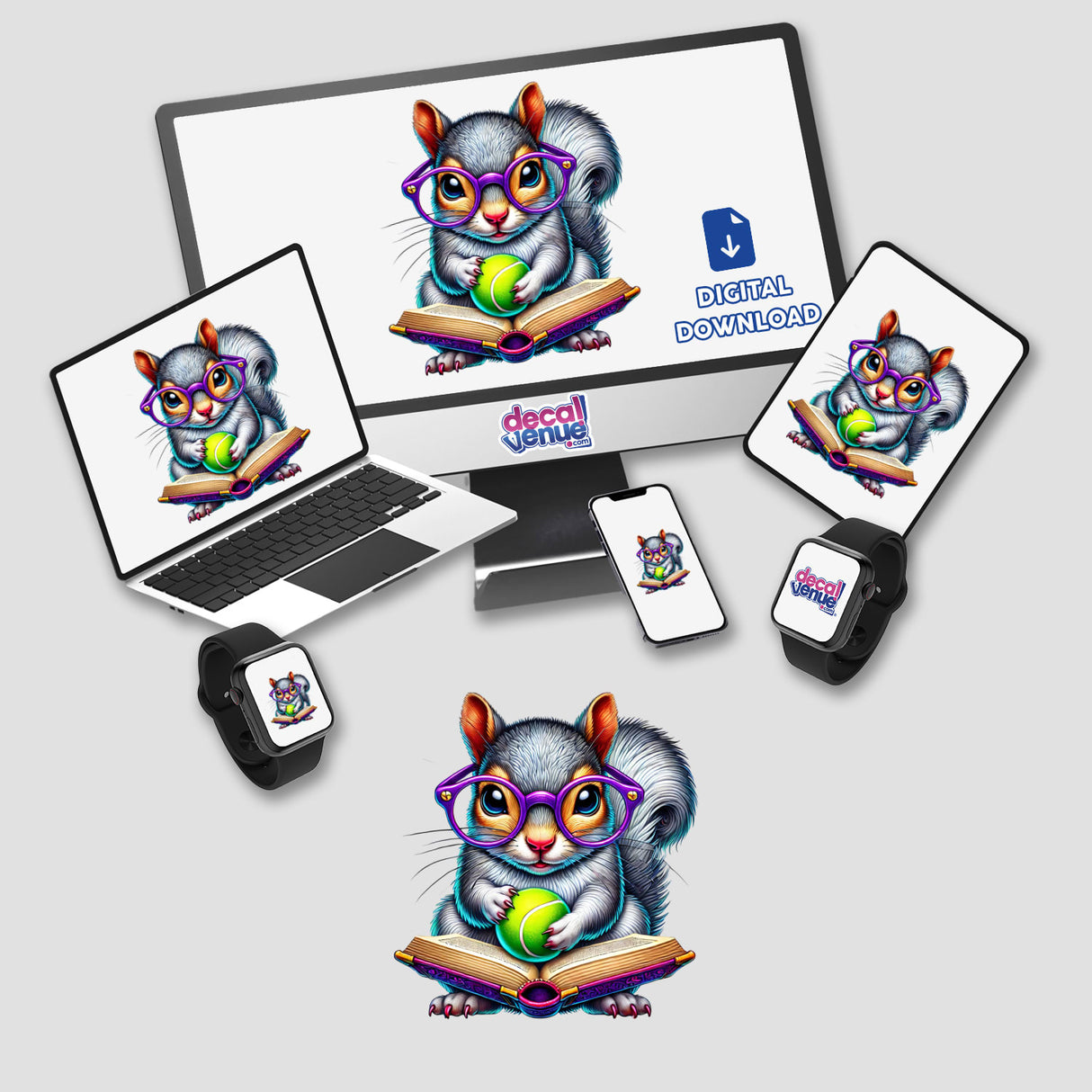 Squirrel Reading a Book with Purple Glasses and Tennis Ball depicted on a computer monitor and laptop, available as stickers or digital artwork from Decal Venue.