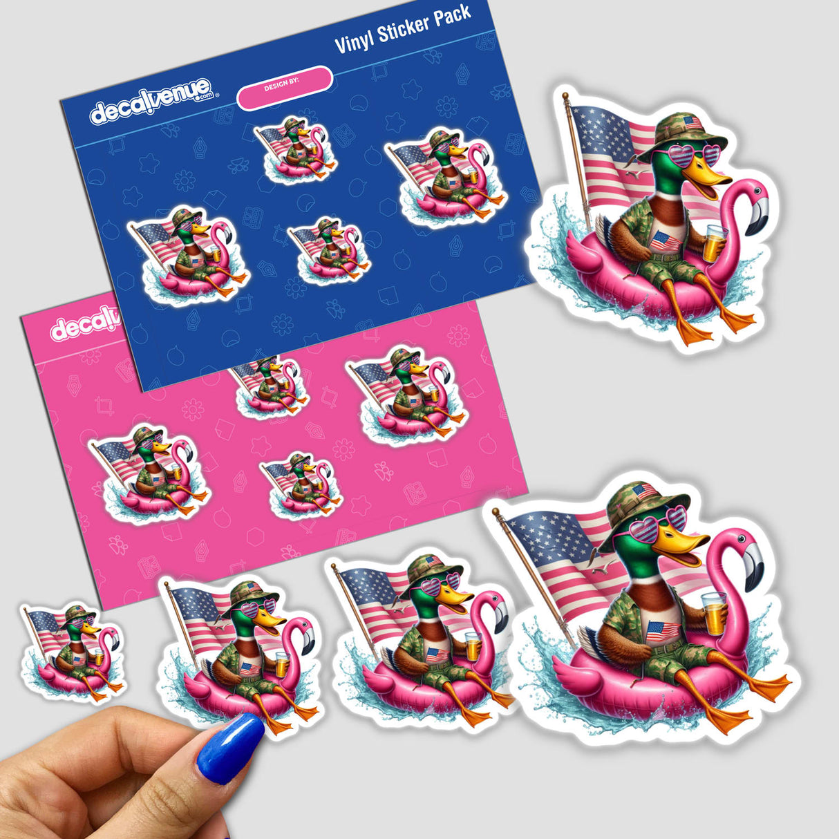 American Mallard Duck in Camo on Flamingo Float sticker, featuring a cartoon duck with sunglasses and a hat, available as a vinyl decal or digital artwork.