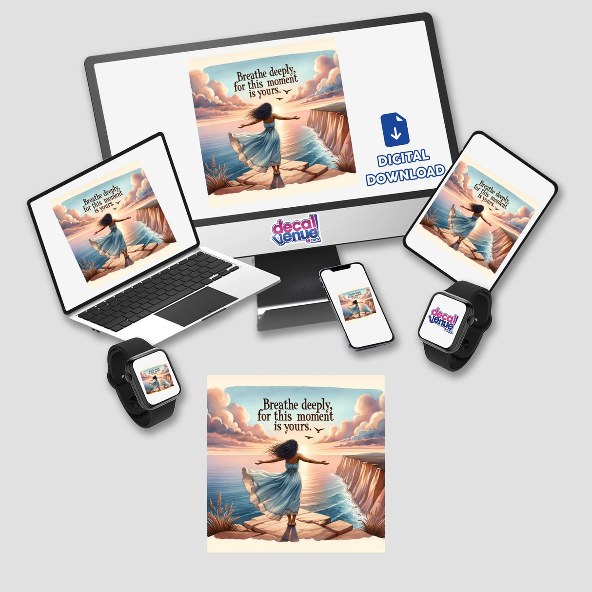 Free-Spirited Woman on a Cliff – “Breathe deeply, for this moment is yours” depicted on a computer monitor and laptop, available as vibrant stickers or digital artwork from Decal Venue.