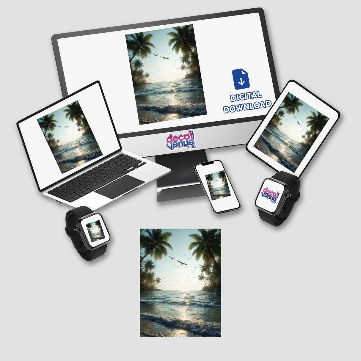 Serene Ocean Seagulls Over Tropical Shore depicted on a laptop screen alongside a computer monitor, tablet, and phone. Available as stickers or digital artwork from Decal Venue.