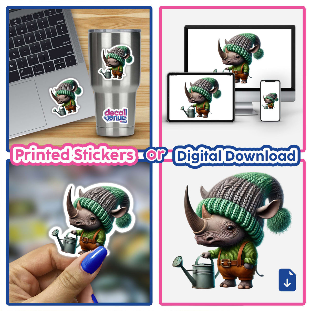 Rhino Gnome with Watering Can stickers and digital artwork featuring a cartoon rhinoceros holding a watering can, showcased in various styles and settings.