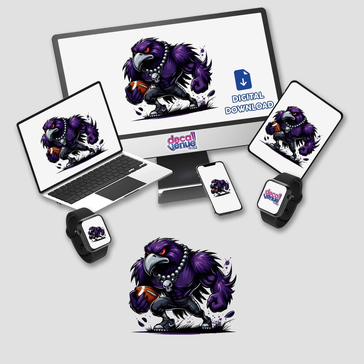 Purple Raven Bird Football Monster Skull Necklace displayed on various devices, highlighting its unique design available as stickers or digital artwork from Decal Venue.