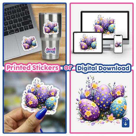 Whimsical Magical Eggs with Blooming Springtime stickers feature a hand holding a sticker of colorful, decorated eggs, ideal for adding a touch of vibrant charm to surfaces.
