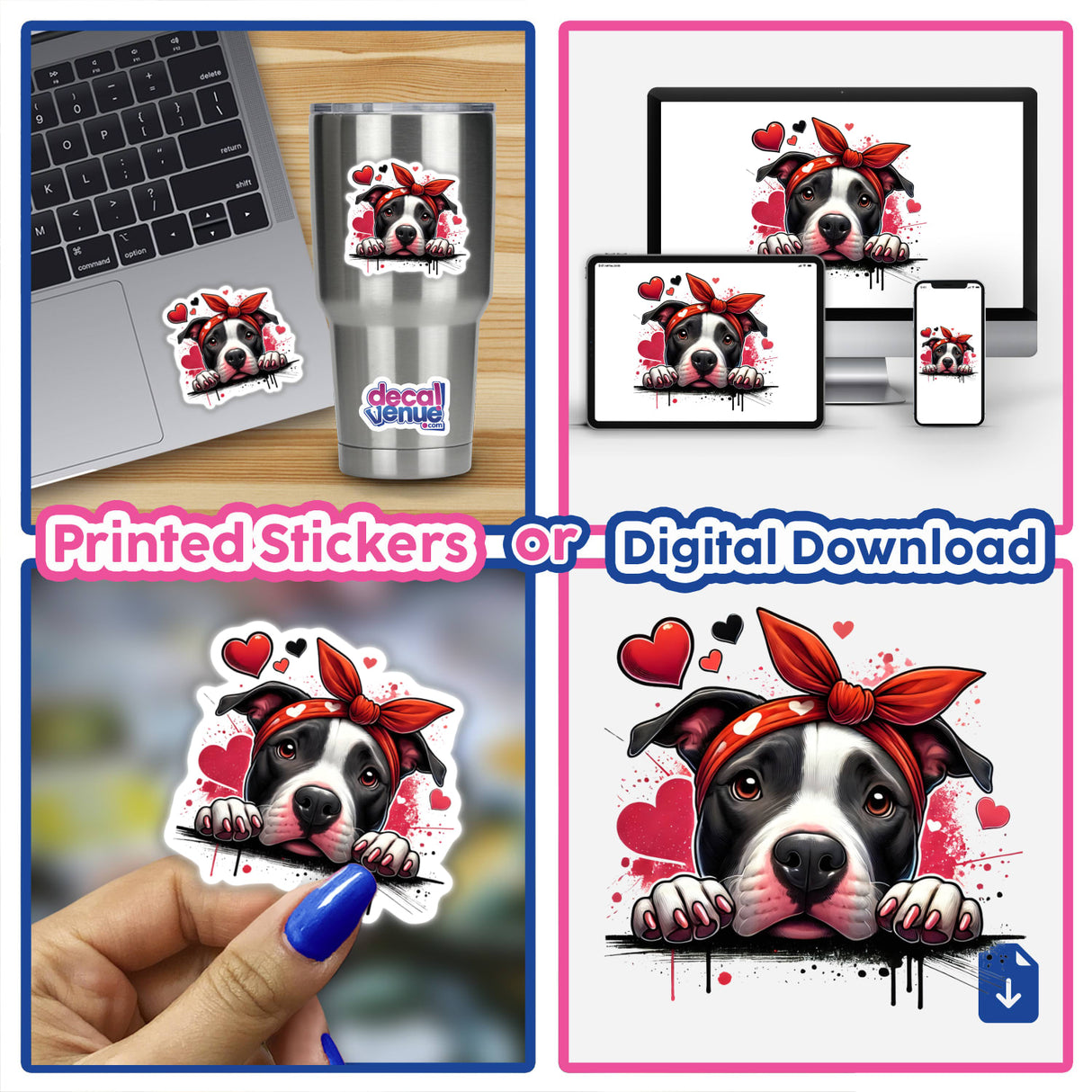 Peeking Pitbull with Heart Head Wrap sticker collage, featuring various images of a pitbull wearing a playful red bandana. Suitable for laptops or cups. Available as stickers or digital artwork.