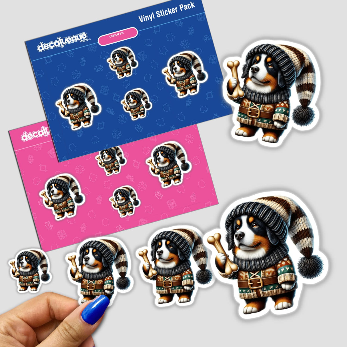 Adorable Bernese Mountain Dog Gnome Stickers - Digital artwork featuring a friendly Bernese mountain dog gnome holding a bone, surrounded by smaller sticker versions of the same design. Perfect for adding a touch of whimsical style to any surface.