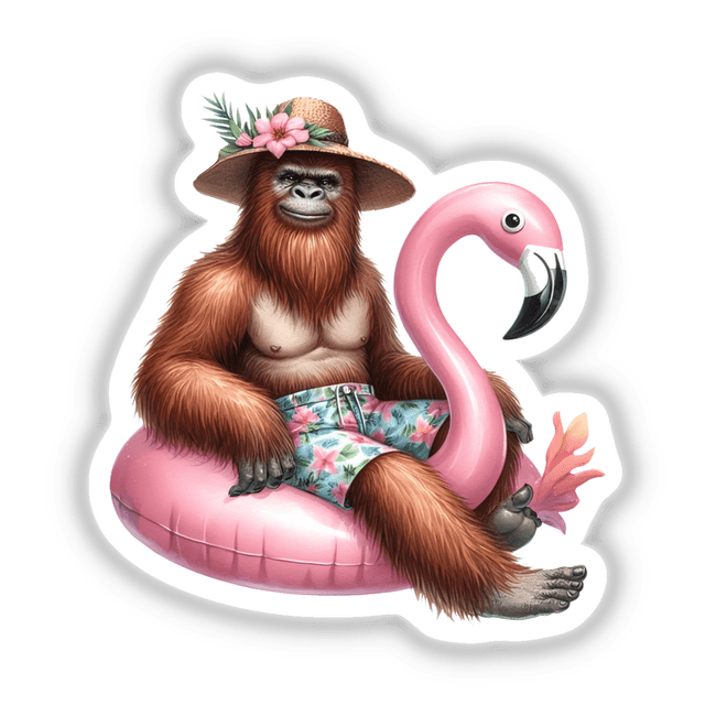 Tropical Sasquatch Sitting in Float II: Cartoon gorilla in hat and shorts lounging on a pink flamingo, available as unique stickers or digital art from Decal Venue.