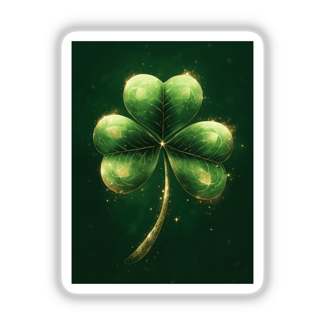 Enchanted Shamrock sticker or digital artwork featuring a glowing green clover with delicate gold accents, showcasing intricate leaf patterns and a radiant design, perfect for unique vinyl decor or digital use.