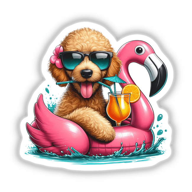 Goldendoodle on Flamingo Float, showcasing a dog wearing sunglasses, lounging in a pink flamingo float, available as stickers or digital artwork from Decal Venue.