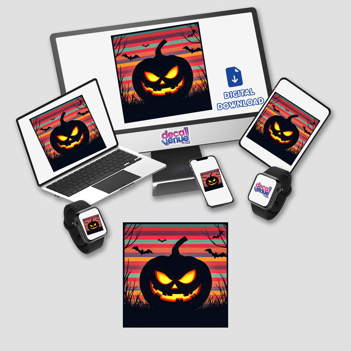 Computer monitor and laptop displaying a Pumpkin Silhouette with Bold Color Stripes Halloween, available as stickers or digital artwork.