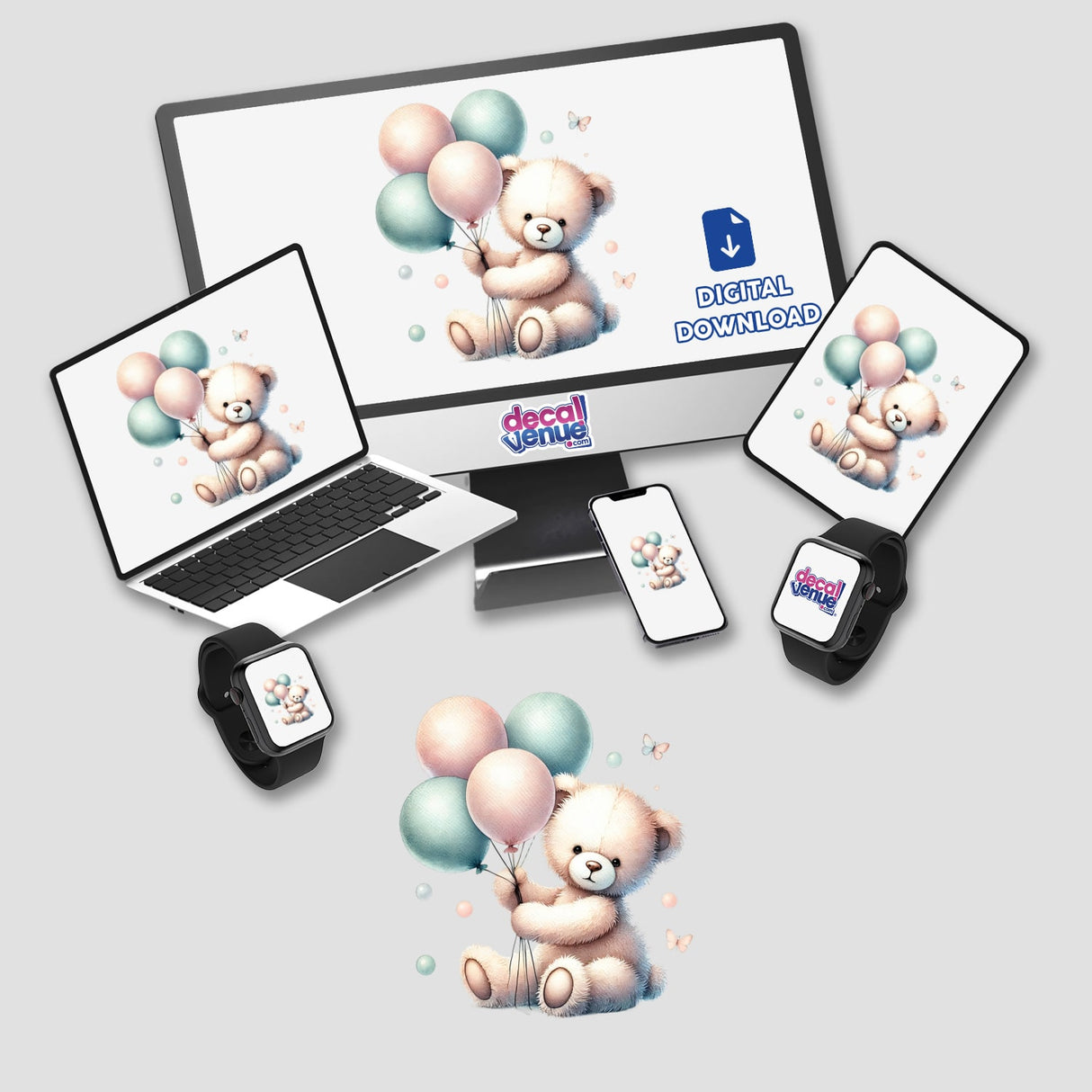 Watercolor Teddy Bear Holding Balloons displayed on a computer monitor, laptop, and phone screen, available as stickers or digital artwork from Decal Venue.