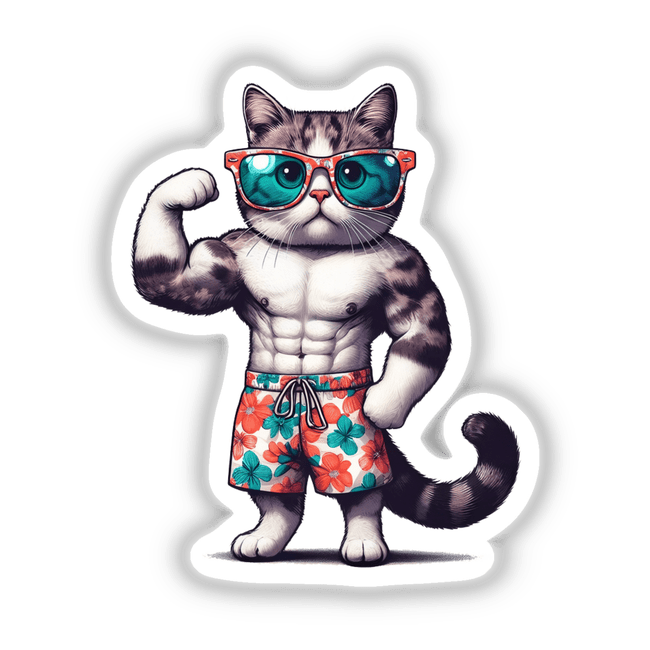 Cartoon of a muscular bodybuilder flexing cat, wearing swim trunks and sunglasses, available as stickers or digital artwork from Decal Venue.