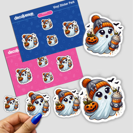 Cute Orange Beanie Pumpkin Spice Ghost sticker pack featuring cartoons of ghosts holding drinks and pumpkins, available as stickers or digital artwork.