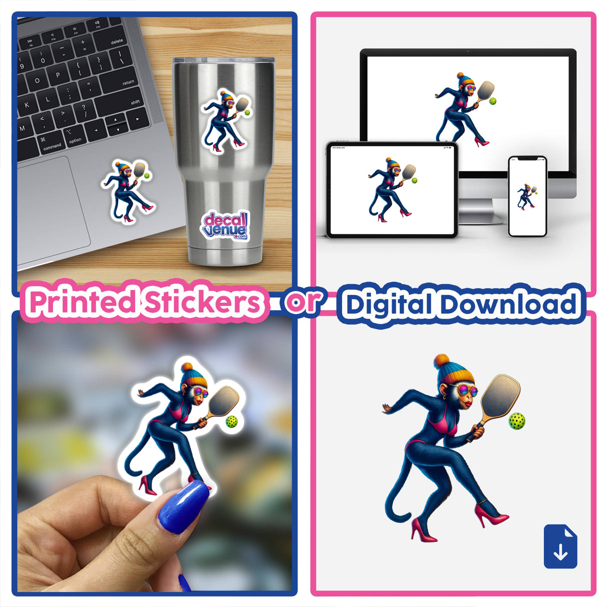 Female Monkey in Bikini and Heels Playing Pickleball displayed as vinyl stickers on a laptop and tumbler, and as a digital download on a monitor, tablet, and phone.