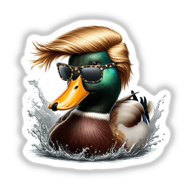 Mallard Duck Trump Hair: A whimsical depiction of a duck wearing sunglasses and a Trump-style wig, available as unique stickers or digital art from Decal Venue.
