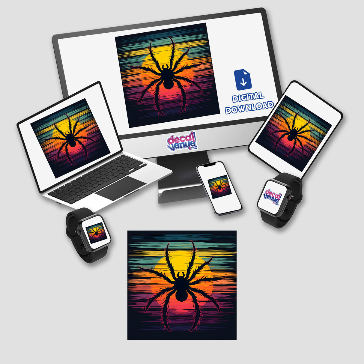 Computer monitor and laptop displaying Spider Silhouette with Dynamic Color Stripes Halloween digital artwork, featuring a spider graphic. Available as stickers or digital artwork.