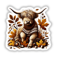 Autumn Highland Cow in Cozy Sweater surrounded by leaves, offered as stickers or digital artwork.