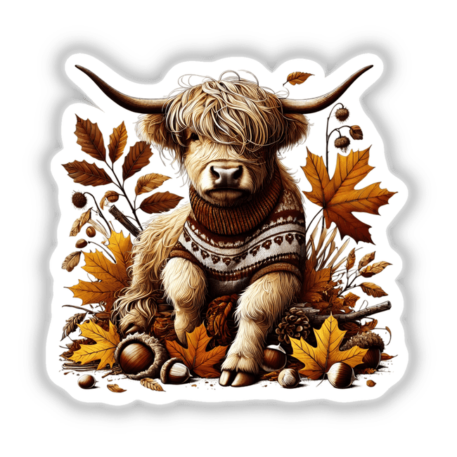 Autumn Highland Cow in Cozy Sweater surrounded by leaves, offered as stickers or digital artwork.