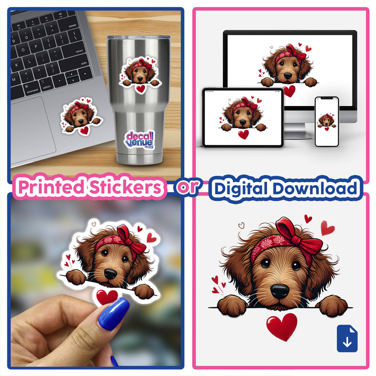 Peeking Brown Goldendoodle Dog stickers featuring a playful dog with a red headband and bow, ideal for laptops or cups, available as unique vinyl stickers or digital artwork.