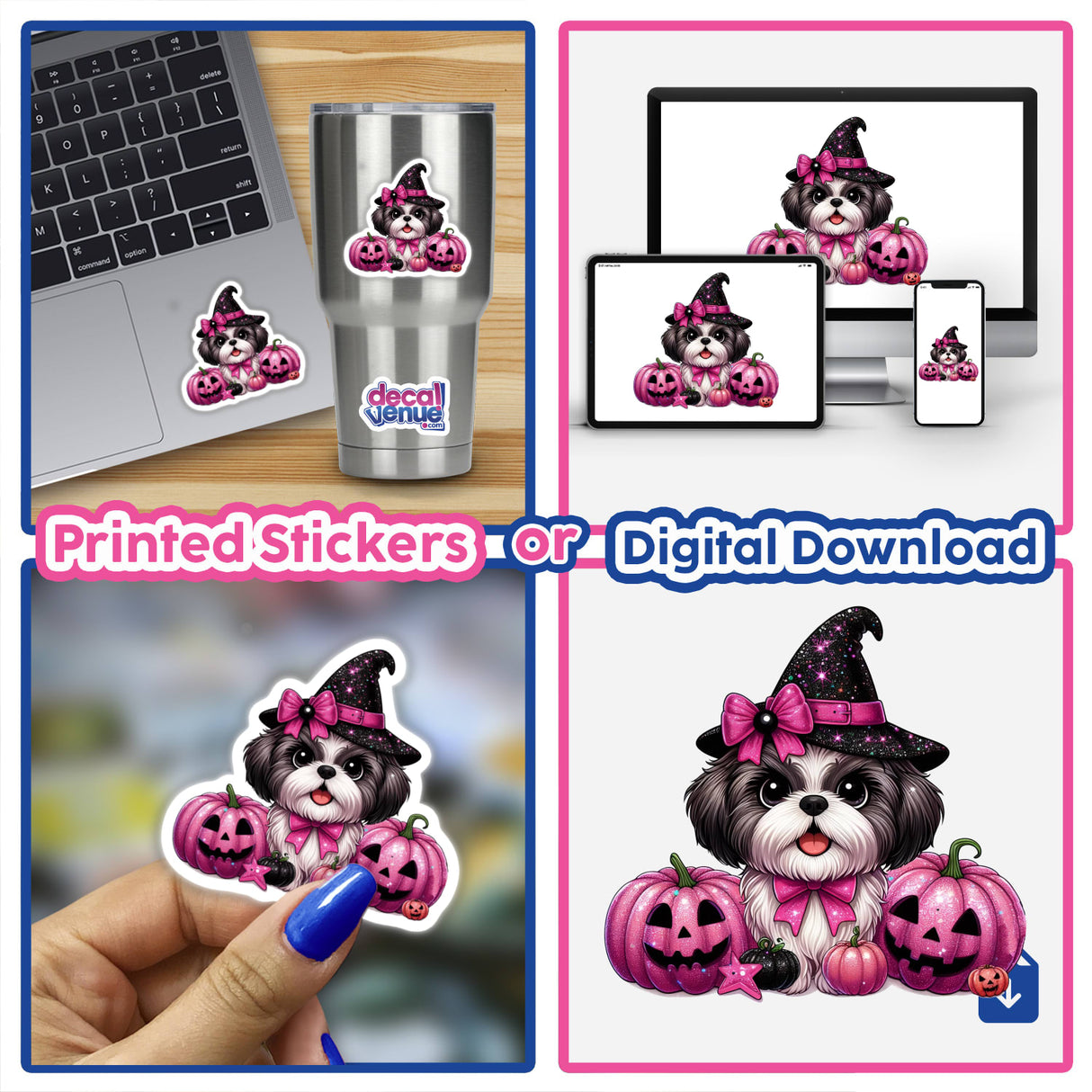 Shih Tzu dog with pink glitter Halloween pumpkins in a collage, featuring stickers and digital artwork options.