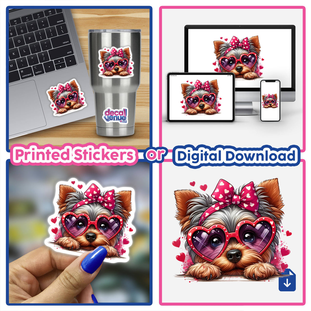 Peeking Valentine Yorkie collage featuring a dog in heart-shaped sunglasses with a laptop, available as stickers or digital artwork from Decal Venue.