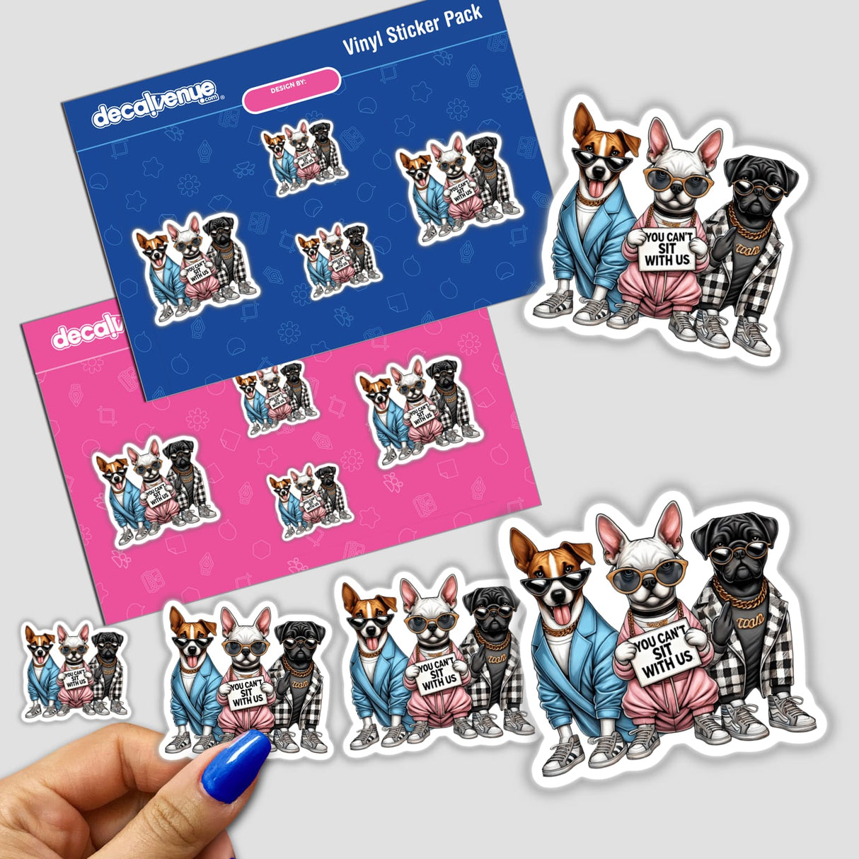 Trendy Pooches Dogs You Can’t Sit With Us sticker pack features cartoon dogs in suits and sunglasses, exuding cool vibes. Available as stickers or digital artwork.