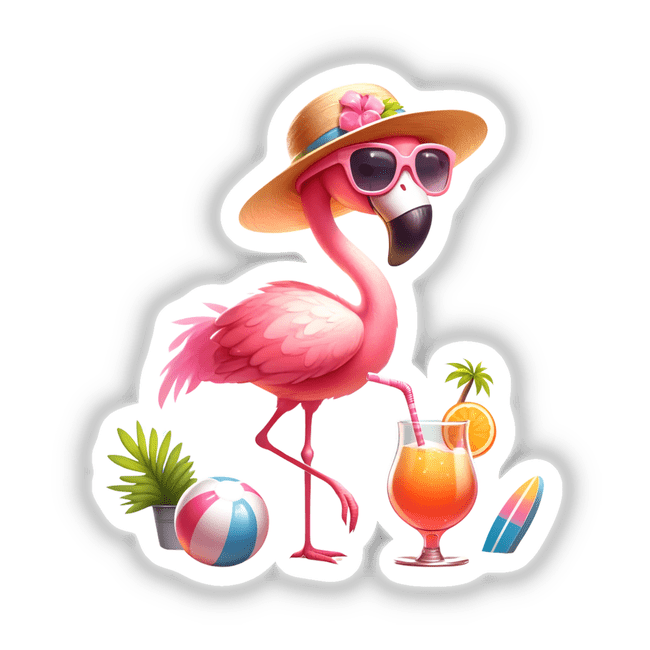 Flamingo Wearing Sunglasses Straw Hat Summer