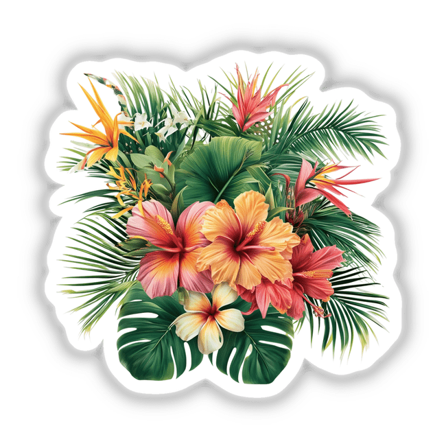 Tropical Flora Hibiscus Bouquet featuring a vibrant arrangement of flowers and leaves, available as stickers or digital artwork.
