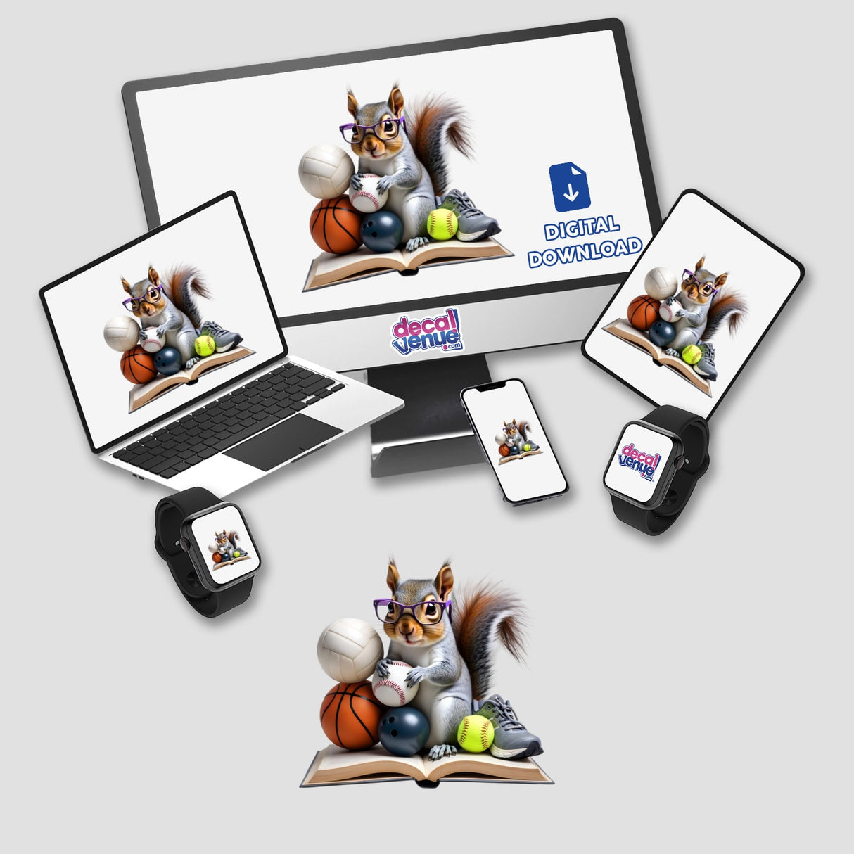 Squirrel Reading a Book with Purple Glasses and Sports Balls depicted on a laptop, phone, and smartwatch. Available as stickers or digital artwork from Decal Venue, specializing in unique vinyl and digital designs.