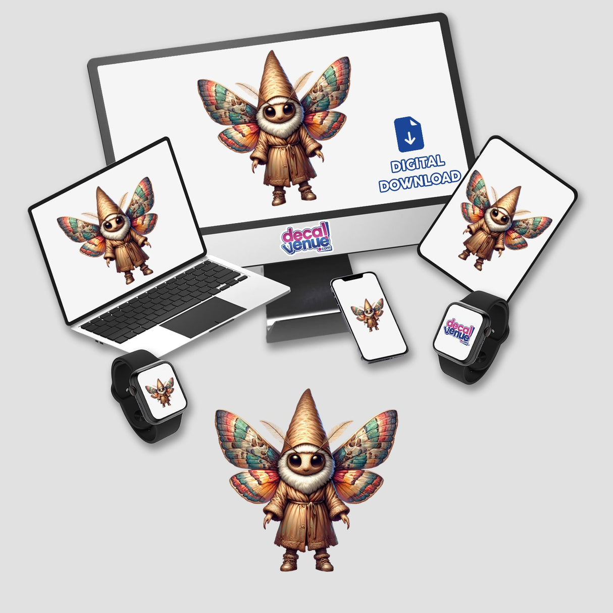 Moth Gnome digital artwork displayed on various devices, including a laptop and smart watch, featuring a whimsical cartoon character with wings. Available as stickers or digital art.