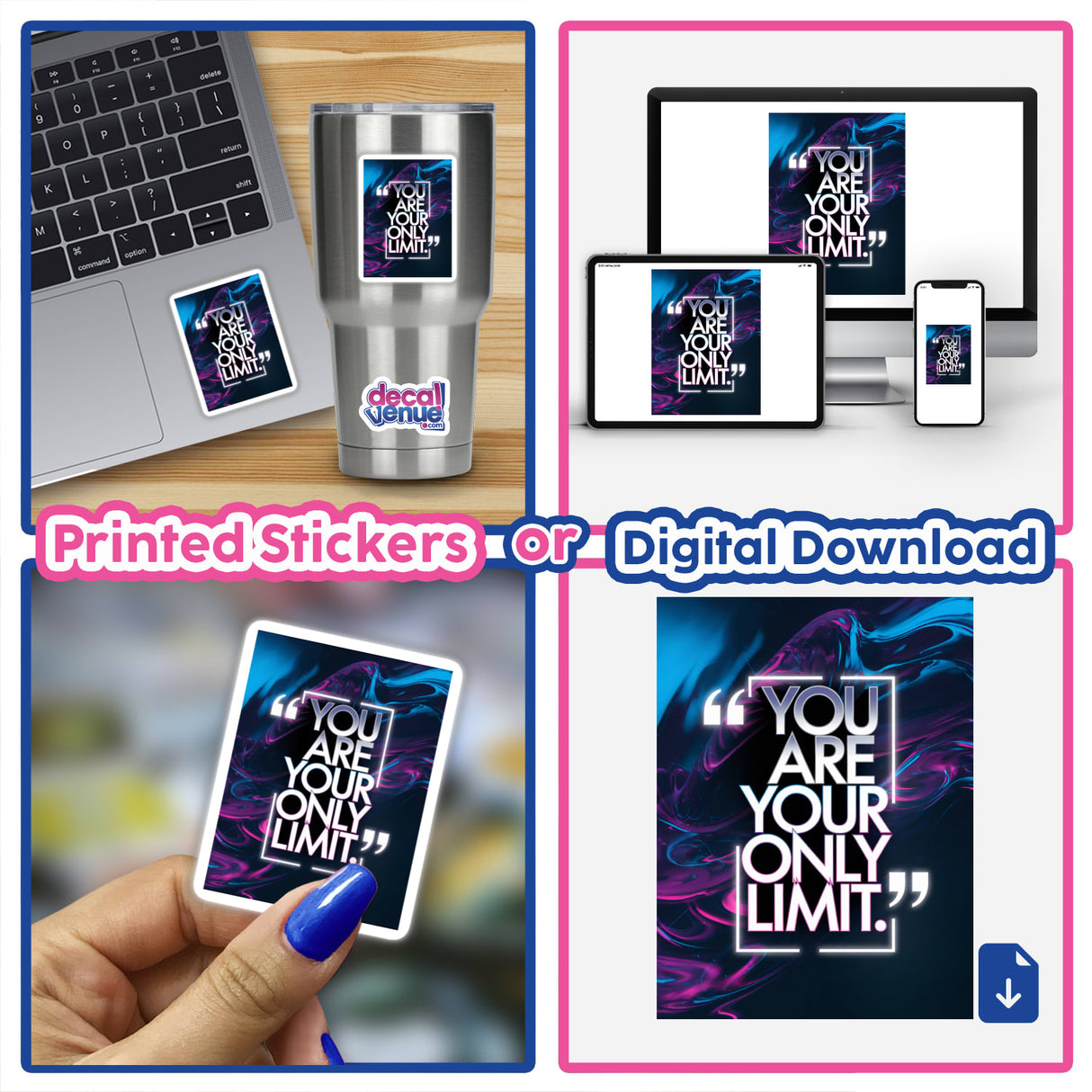 Collage featuring a laptop with a You are your only limit sticker alongside digital artwork, showcasing Decal Venue's unique vinyl sticker and digital art offerings.