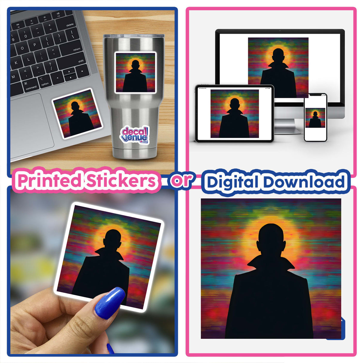 Vampire Silhouette with Colorful Horizontal Stripes Halloween: Collage featuring a laptop displaying a vampire silhouette with vibrant stripes, close-up of a finger, and mug. Available as stickers or digital artwork.