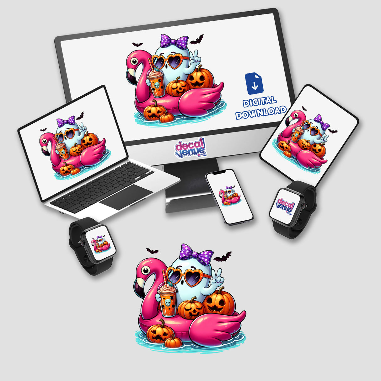 Cute Halloween Peace Ghost on Flamingo Float featured on a computer monitor and laptop, showcasing the spooky yet playful design available as stickers or digital artwork.